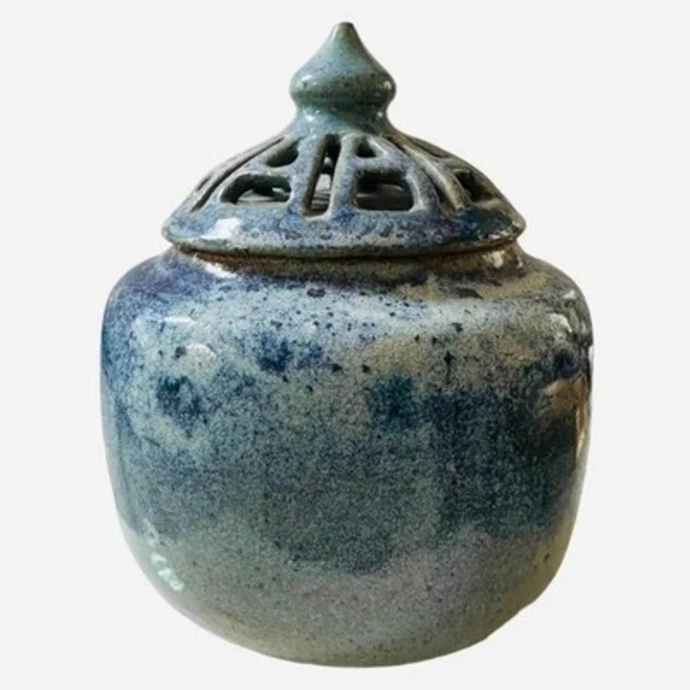 Unique Handcrafted Blue Glazed Ceramic Pottery Lid Bowl Bean Pot Artist Signed 7